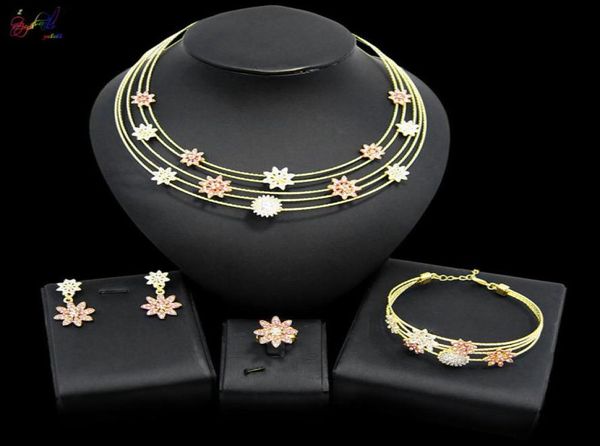

yulaili dubai gold jewelry sets for women party flower shape crystal necklace earrings bracelet ring wedding bridal jewellery4667251, Black