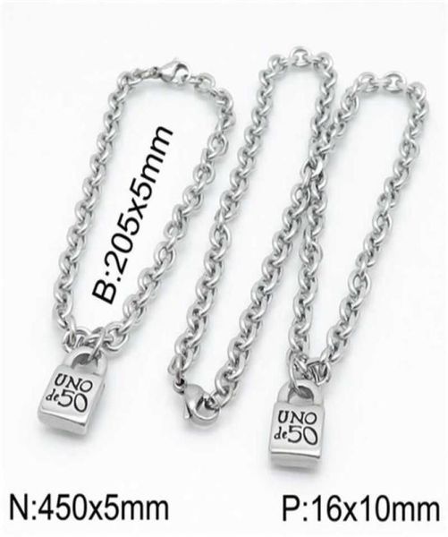 

fashion women men silver color gold stainless steel round lock key heart uno de 50 ball bead bracelet necklace jewelry sets 2103206806322