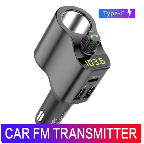 

konrisa car bluetooth fm transmitter type-c cigarette lighter socket dual usb port handscar kit music player support u-disk