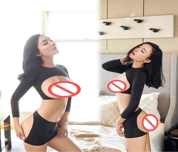 

new wetlook sheer open bust crotchless exotic dresses set for women bandage lingerie erotic costume skirt sets1396892, Black
