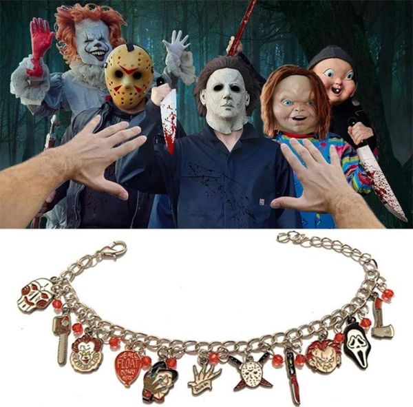 

charm bracelets halloween pennywise chucky face stephen kings jason hockey charms bracelet bangles chain links christmas jewelrych9136765, Golden;silver