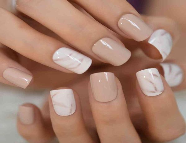 

24pcs fake nails khaki nude marble pattern artificial false nail tips for office home square short faux ongle glue sticker q08435580, Red;gold
