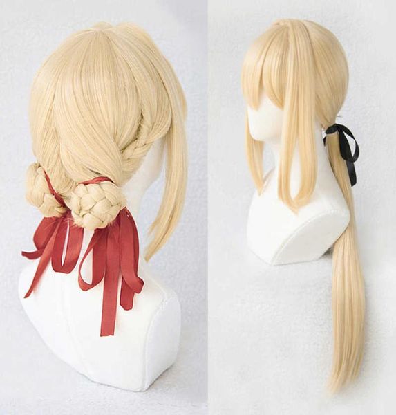 

violet evergarden ponytail braid buns blonde hair heat resistant cosplay costume wig wig cap ribbon y09037260245, Black;red
