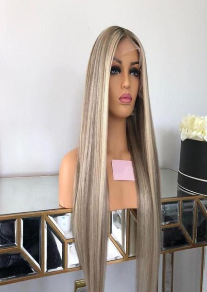 

lace wigs long straight ash blonde highlights 60 front human hair 150 density 13x434861082722030, Black;brown