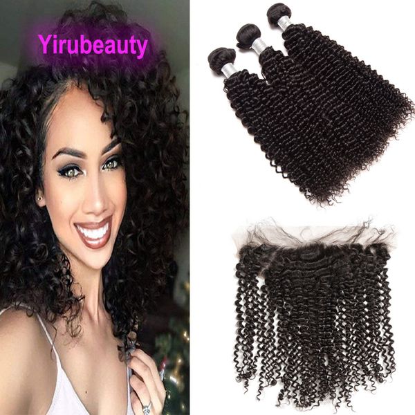 

indian virgin hair 3 bundles with 13x6 lace frontal baby hair 4 pcs/lot kinky curly double wefts natural color 10-30inch, Black;brown