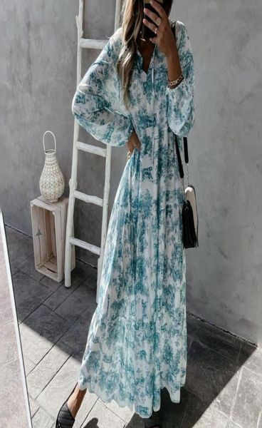 

casual dresses elegant laceup drawstring dress summer fashion flower print long sleeve party women v neck loose maxi mujer8376554, Black;gray