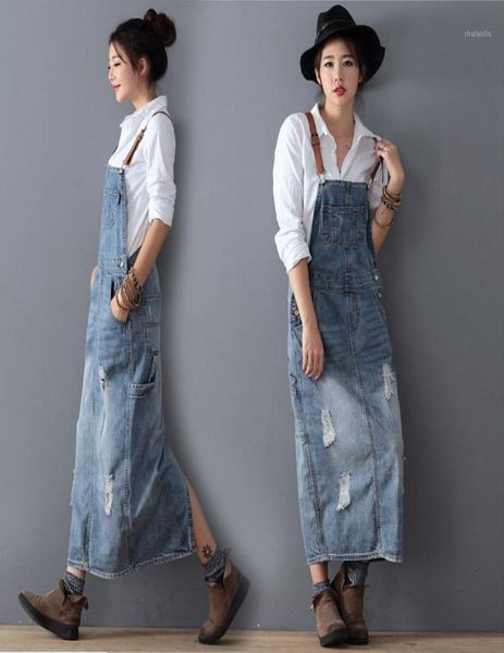 

fashion maxi denim dress summer ladies suspenders holes jeans dresses female loose plus size bib blue jeans long dress 807512516946, Black;gray