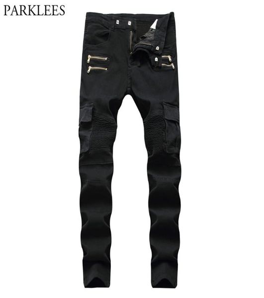 

black biker cargo jeans pants men 2018 brand new folds pocket pencil jeans homme zipper casual runway distressed motorcycle jean9324118, Blue