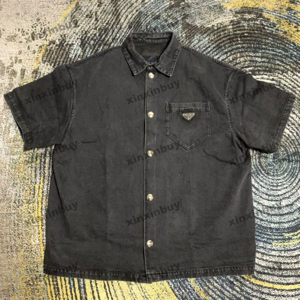 

xinxinbuy men designer tee t shirt 23ss paris triangle label letter milano denim shirt short sleeve cotton women black blue s-xl, Black;brown