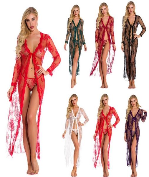 

long sleeves openfront dress robe lingerie for women long lace and mesh dress sheer gown see through kimono robe plus s4xl 1496969, Black;red
