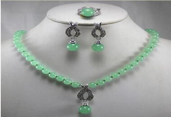 

beautiful jewelry 8mm green jade pendant necklace earring ring set8845800, Black