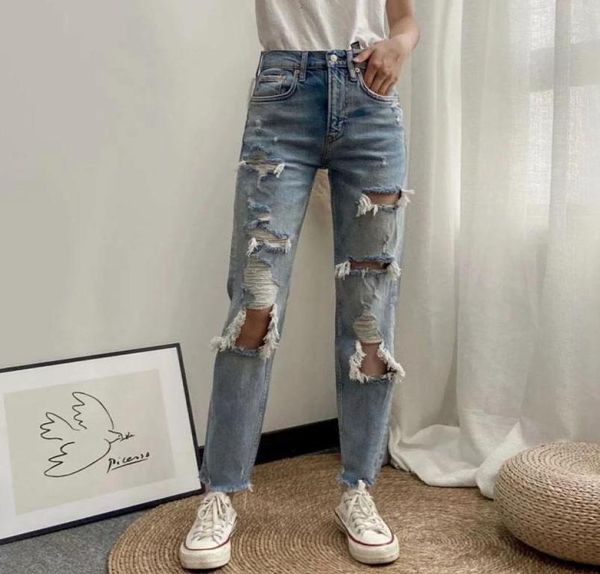 

women holes jeans european style ripped jeans womens loose thin denim pants breeches overalls vintage female torn trousers5960270, Blue