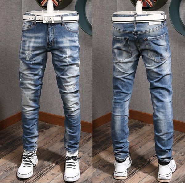 

men039s blue jeans slim fit cut leg distressed embroidery applique patch vintage washed jean trousers male3669553