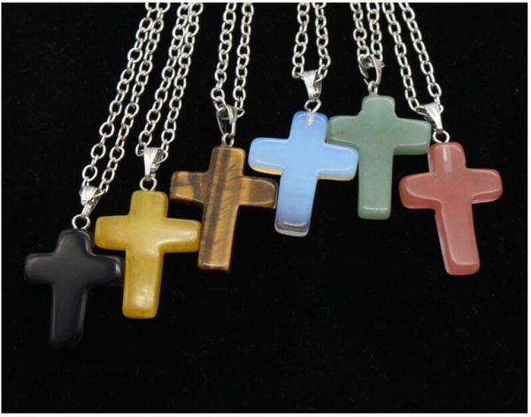 

daily deals fashion stainless steel chain quartz chakra natural stone gemstone rock crystal cross charm statement pendant necklace4209060, Silver