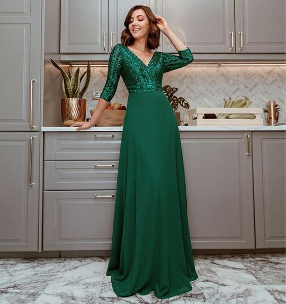

2020 new fashion maxi dresses deep vneck sequined wine red green white 34 sleeve party dresses banquet host evening dress4350216, White;black