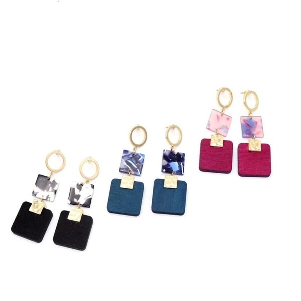 

design and development of wooden square multicolor acetate long alloy earrings8881092, Golden;silver
