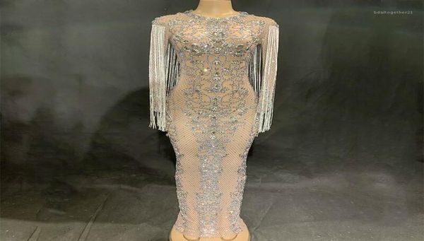 

sparkly crystals mesh long dress women evening party rhines dresses birthday celebrate outfit long sleeve fringes vestidos19014438, Black;gray