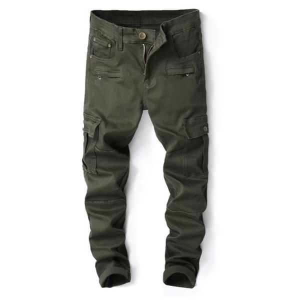 

2018 new mens skinny ripped biker jeans multi pockets zippers cargo pant army green men039s pleated casual long fashion slim je8075322, Blue
