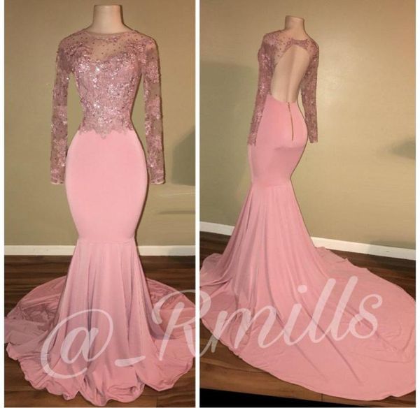 

2019 pink lace backless long sleeves prom dress mermaid appliques formal holidays wear graduation evening party gown custom made p5335308, Black