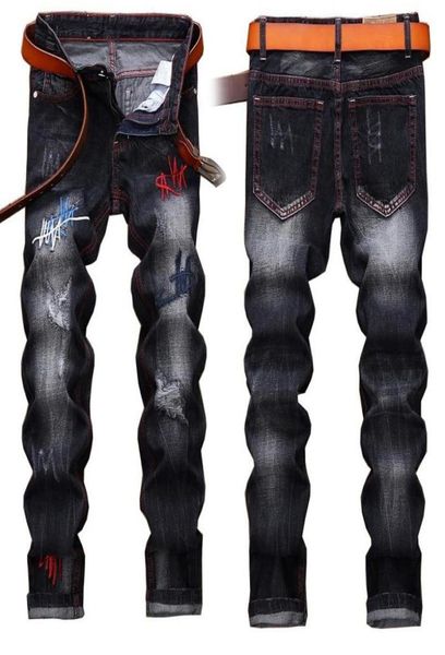 

men039s jeans mens denim trousers men straight black embroidery fashion designer casual tear hip hop3161178, Blue
