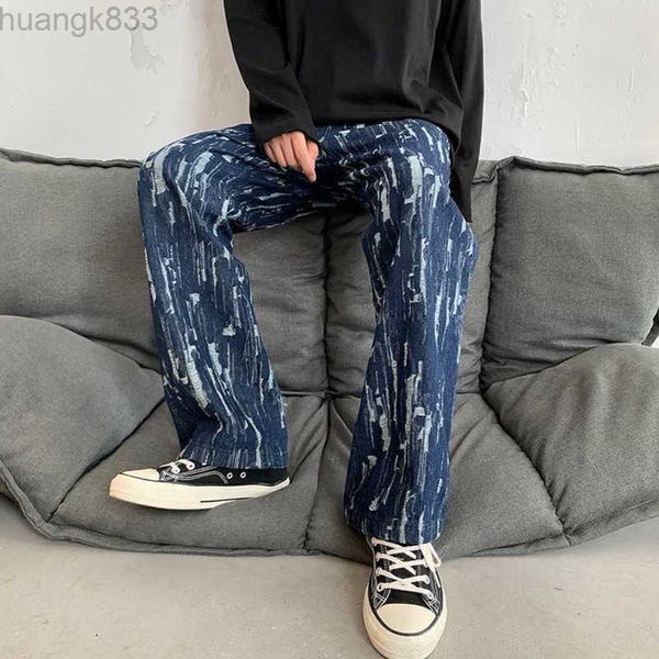 

jeans for men2021 high street washed old vibe style straight tube stacked fashion jeans striped couple pants, Blue