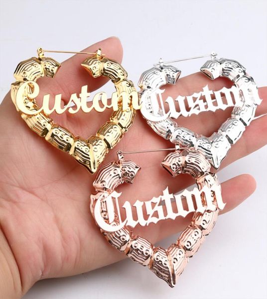 

lateefah 70mm custom earrings love shape hiphop bamboo hoop earrings customizable customize name earrings bamboo style cx20087760396, Golden;silver