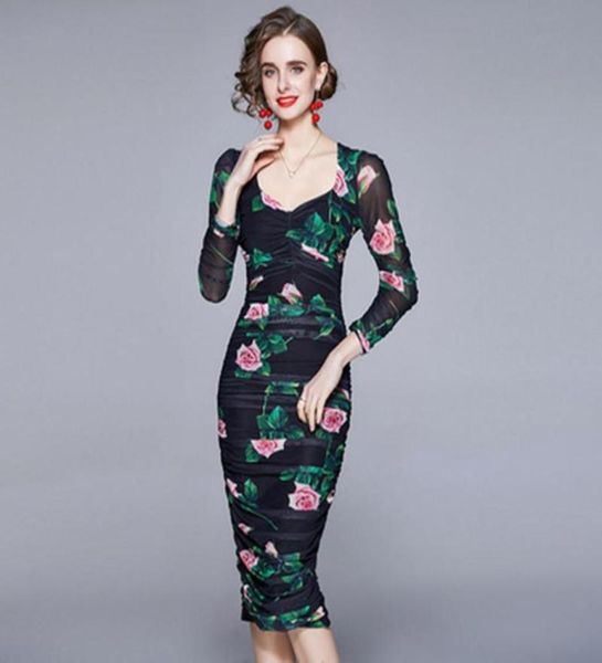 

summer luxuriy women mesh printing dress rose flower print slim knee length bag hip party elegant casual dresses2237724, Black;gray