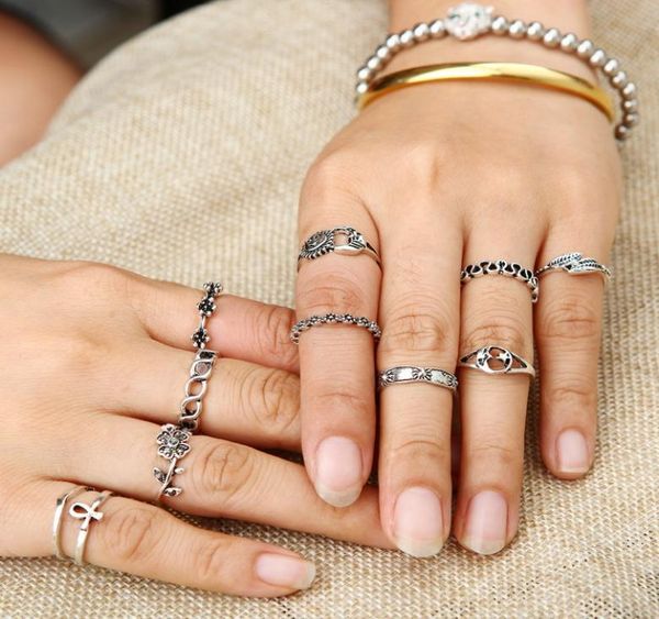 

11pcs1set flowers alloy diamonds leaves 11 sets of rings hollow moon sets tail ring whoel 9276993, Silver