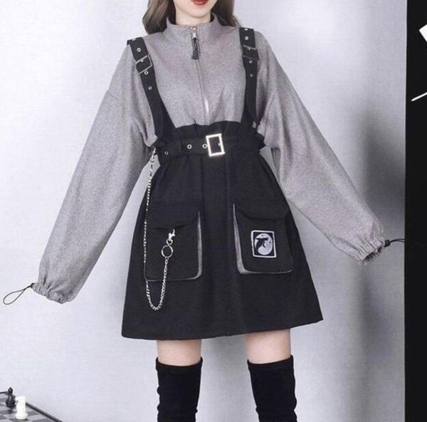 

2020 retro vintage women gothic girls punk mini dress high waist long sleeve hat collar gry black lolita plus size jurken8836368, Black;gray