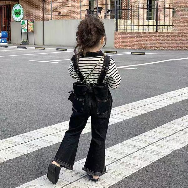 

rompers spring autumn girls denim jumpsuit baby overall kids children clothes flare waist bow slit 2 7y 230711, Blue