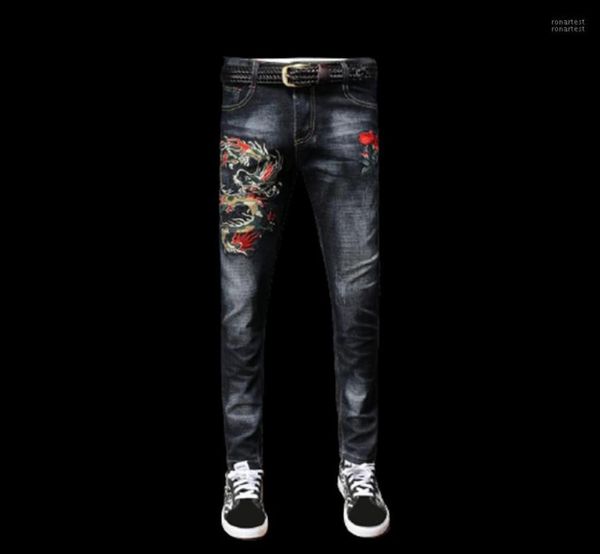 

men039s jeans trousers beautiful girl slim fit embroidery drawing painted stretch pants high street luxury men5173510, Blue