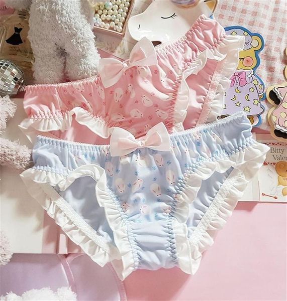 

soft girl cute rabbit printed ruffles panties young girl cartoon bow kawaii274d4738022, Black;pink