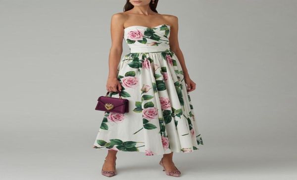 

gedivoen elegant party summer dress women strapless floral print draped a line dress fashion designer female knee length dresses4723088, Black;gray