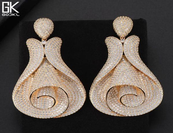 

godki luxury flower statement big dangle earring for women wedding cubic zircon cz indian gold bridal earrings fashion jewelry j191118568, Golden;silver
