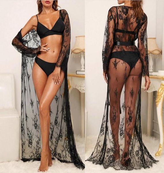 

women lingerie cardigan shirt beach cape bikini cover up lace kimono perspective onepiece pajamas robe8311324, Black;red
