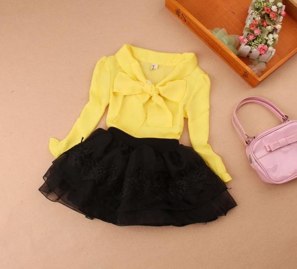 

long sleeve summer linen chiffon casual blouse for children kids clothing red white pink yellow shirt girls ribbon collar8810895, White;black