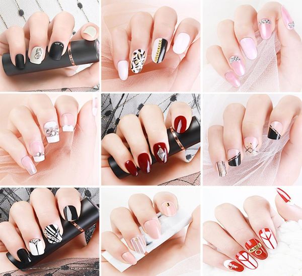 

24pcs full cover fake nail tips reusable false nail art form mixed size extension tips with adhesive sticker manicure tool6859980, Red;gold