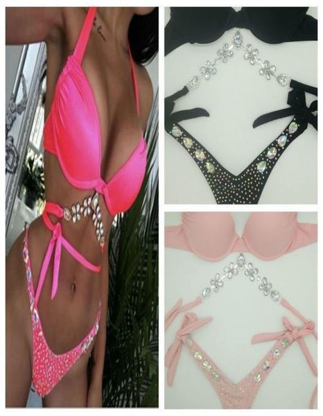 

vacation pink bikini set diamond swimwear bandage bathing suit bling s beachwear maillot swim y2004159207865, White;black