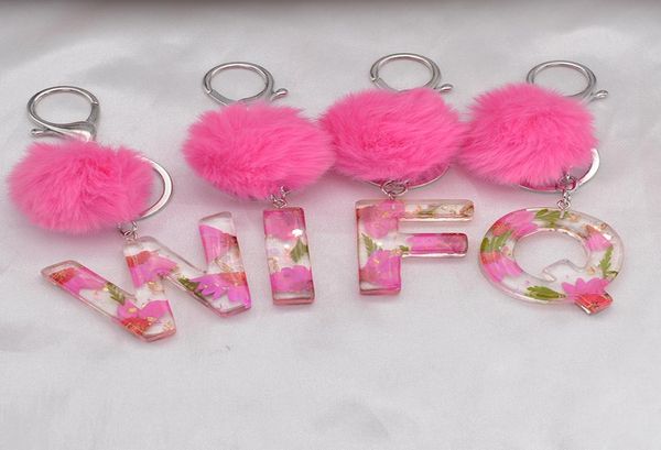 

letter pendant keychains dried flower english alphabet keyring with pink pompom resin key chains rings for women handbag charms6435566, Slivery;golden