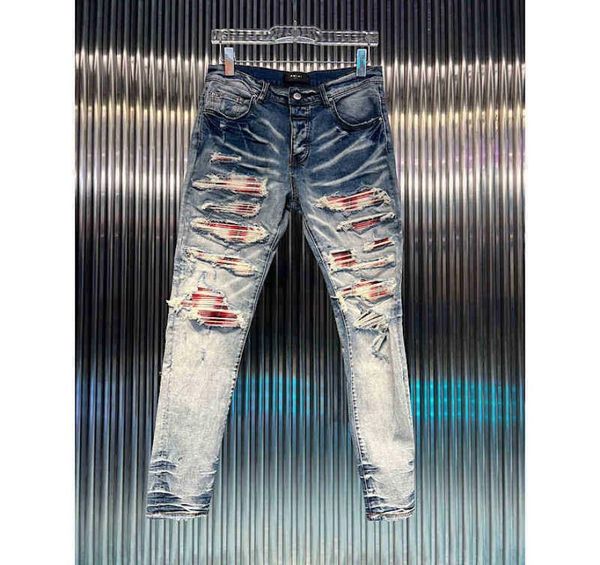 

amirs men jeans amirs 2022 new high street fashion brand washed blue worn hole plaid patch slim legged jeans men hip hop3805730