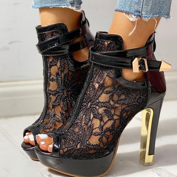 

dress shoes lace high heels women belt buckle peep toe hollow platform sandals summer party boot large size 230711, Black