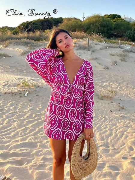

urban dresses casual women print mini dress 2023 summer deep vneck high waist long sleeve holiday vestidos lace up zipper loose short 230711, White;black