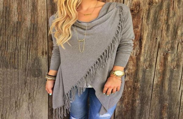 

women autumn spring sweater asymmetric loose tassel sweater long sleeve cowl neck black gray white9832575, White;black
