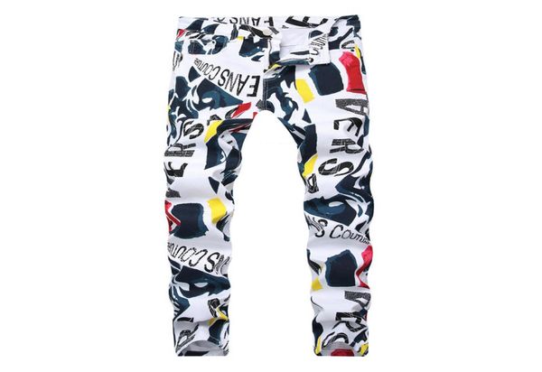 

men print hip hop denim new fashion brand man casual pants 3d painted jeans colorful white skinny cotton blend long trousers6493762, Blue