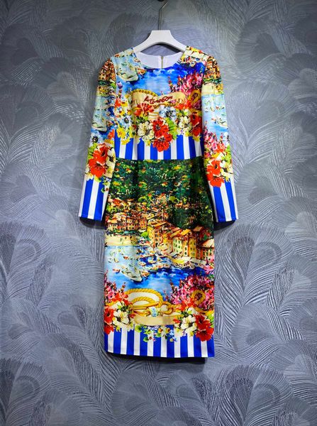 

dress designer fashion flower print 2023 autumn/winter long sleeve loose round neck dress monochrome s-xl handmade beaded dress, Black;gray