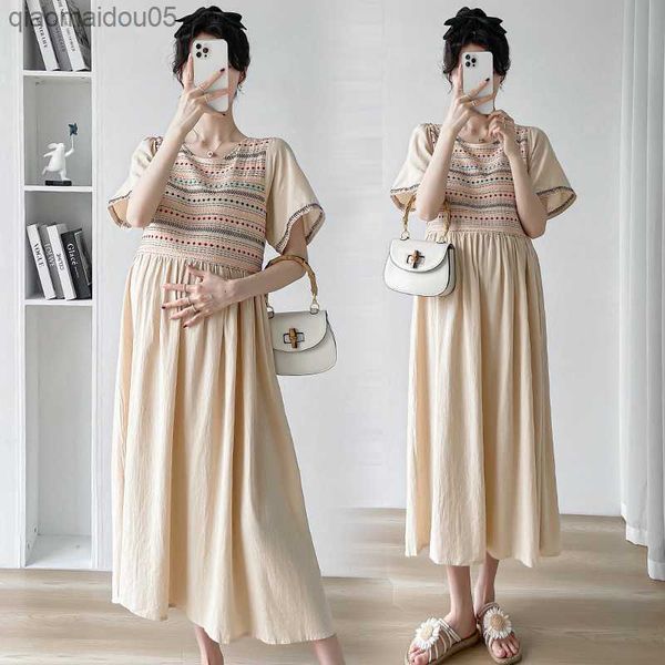 

609# summer vintage embroidery patchwork maternity long dress elegant loose clothes for pregnant women pregnancy casual wear l230712, White