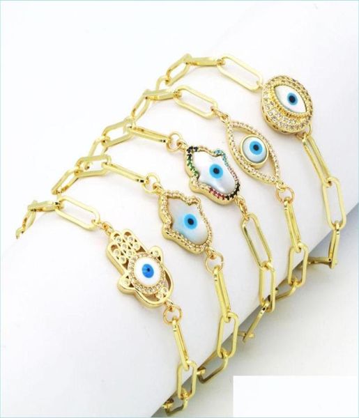 

charm bracelets real gold plated cz fatima hand evil eye charm copper chain bracelet jewelry for man woman drop delivery bracelets8196557, Golden;silver
