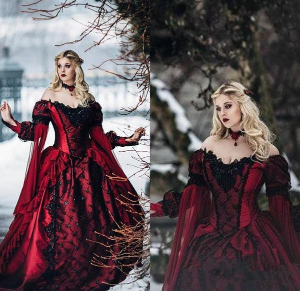 

vintage burgundy gothic wedding dresses off shoulder sleeping beauty princess medieval black long sleevevictorian masquerade brida8286565, White