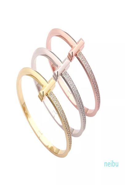 

fashion new arrrivals luxury t1 design stainless steel men women narrow and wide version letter cuff bangle bracelet cyrstal and w9279815, Golden;silver