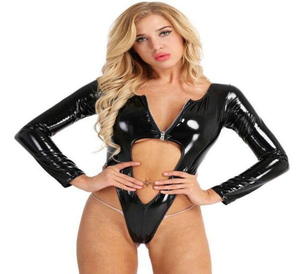 

womens wetlook bodysuit night clubwear patent pvc fake leather front zipper hollow out high leg cut thong leotard bodysuit jumpsui8436739, Black